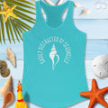 Lightweight beachy women's racerback tank top saying 'Easily Distracted by Seashells' with seashell design.