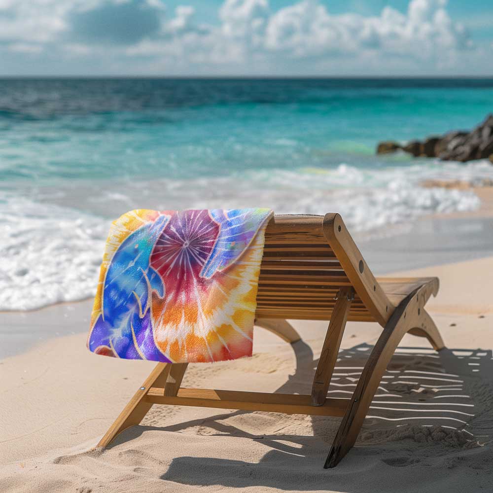 Tie-Dye Beach towel laid over the back of a beach chair next to the water's edge.