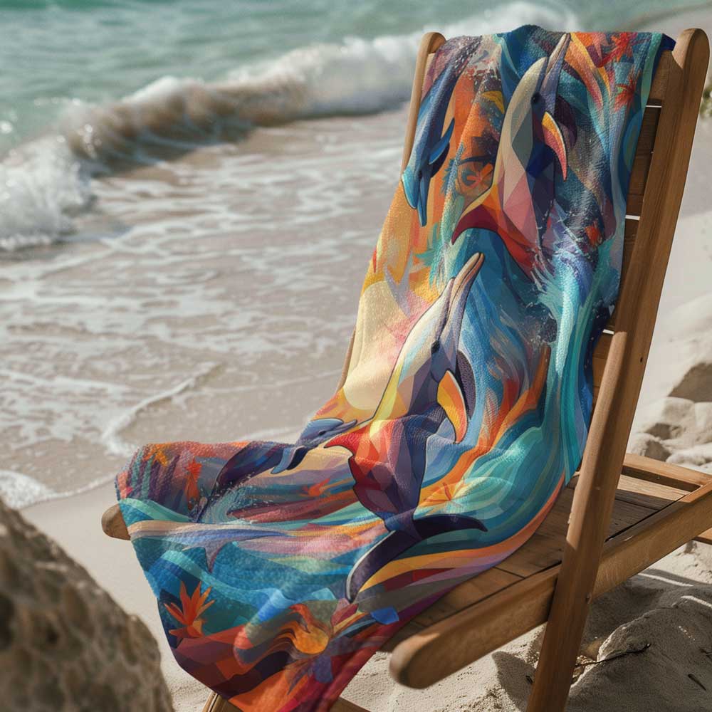 Beach towel featuring surreal dolphins laid across a wooden beach chair next to the ocean