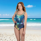 Teen Model wearing a colorful swimsuit with dolphin design on Daytona Beach