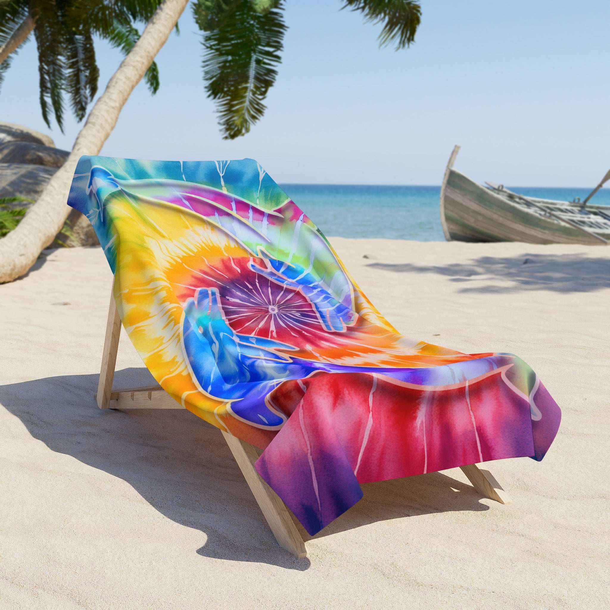Beach Towel with Dolphins circling each other over tie dye print laid out across a beach lounger. 