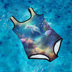 Swimsuit with dolphin design on a blue tiled pool floor