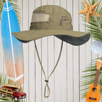 Kangaroo leather wide-brimmed hat with a dolphin logo on a wooden background with beach-themed decorations.
