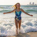 Teen Swimsuit model in a colorful 1 Piece running in ocean waves with a city skyline in the background