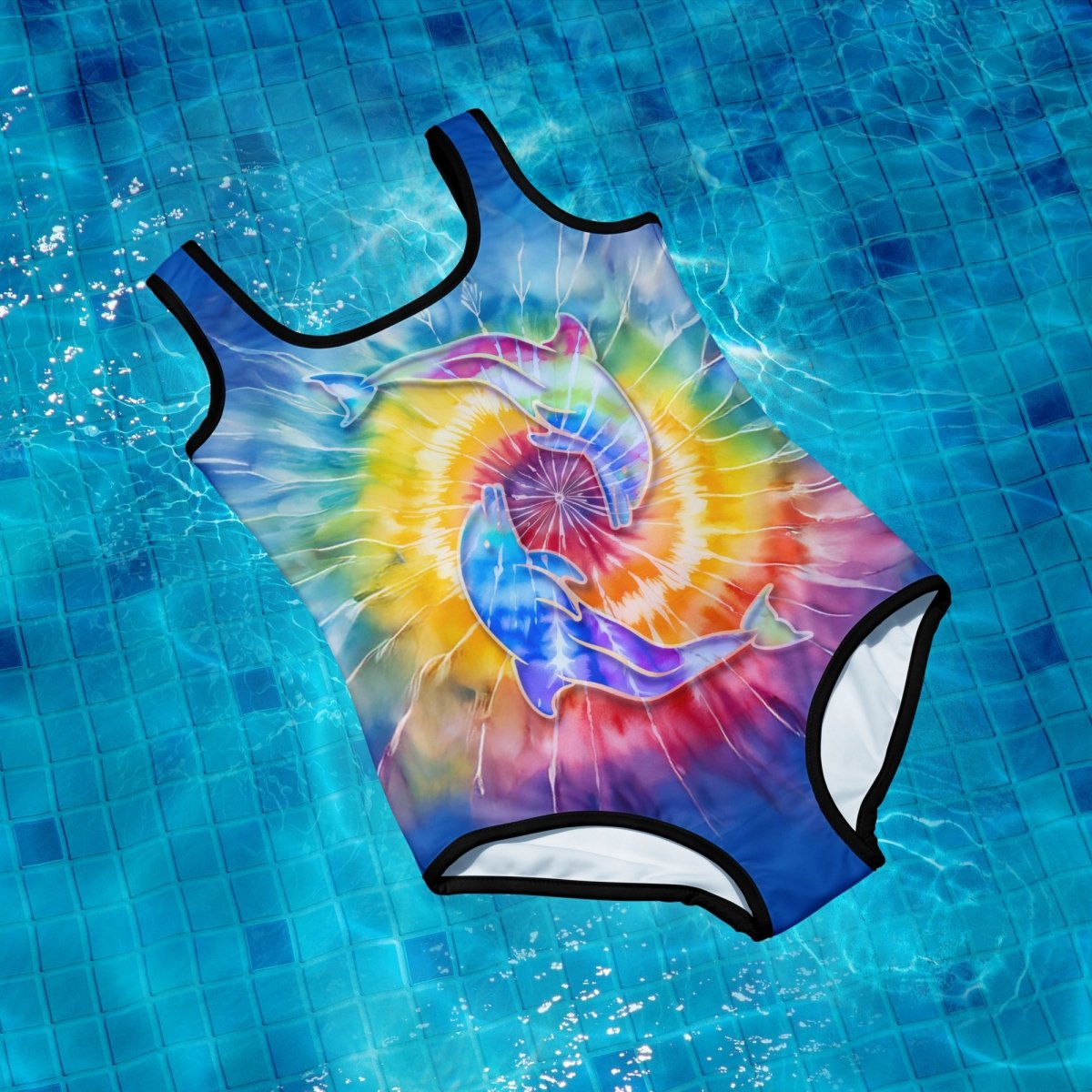 Colorful tie-dye swimsuit with a dolphin design on a pool floor background