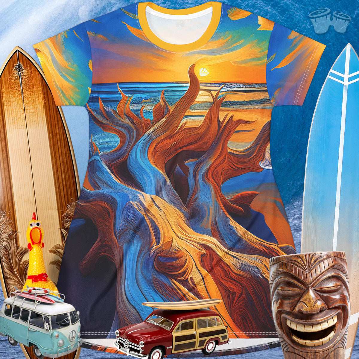 Front of T Dress with driftwood art pattern over surfboards