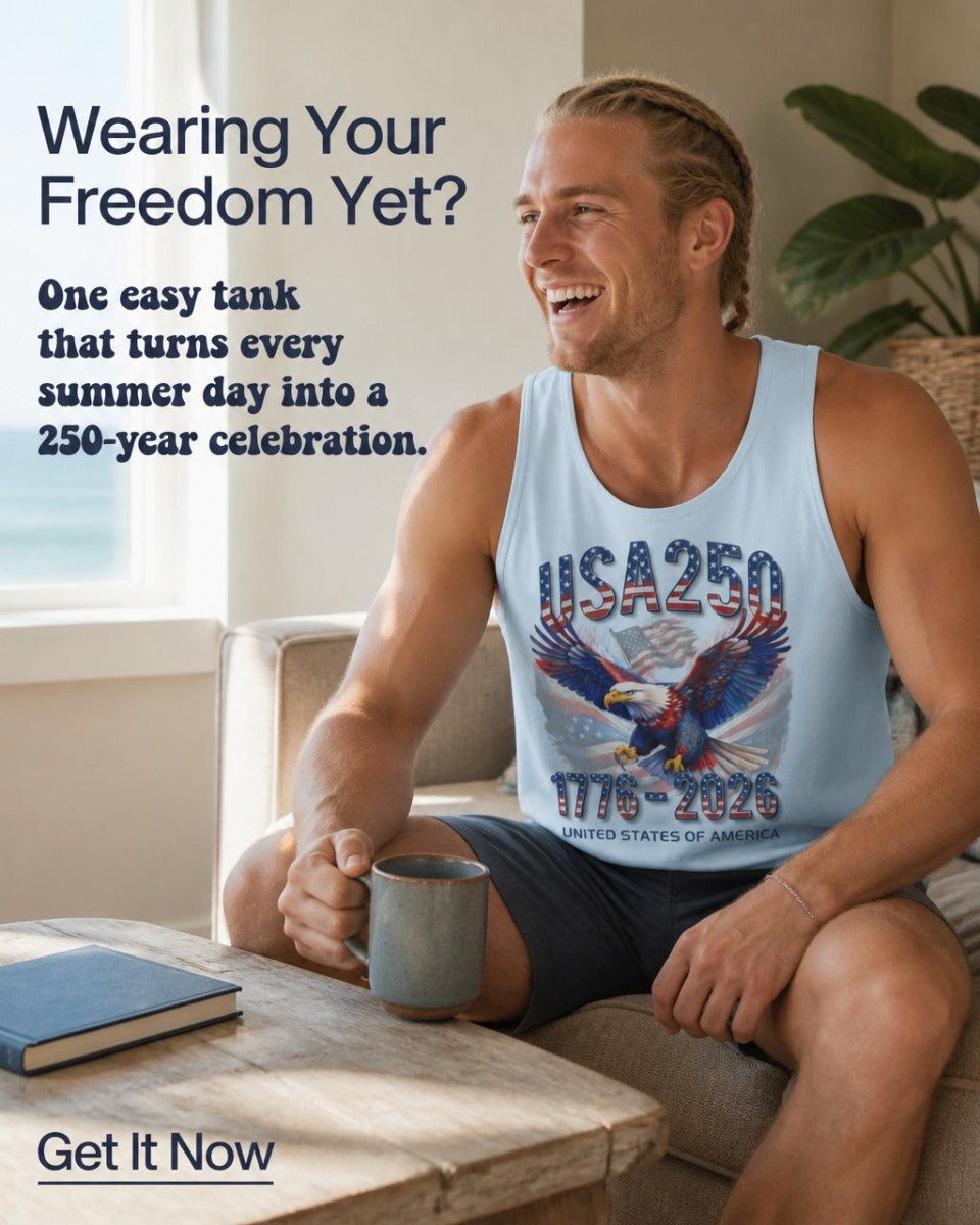A man sitting on a couch in a bright living room wearing a light blue tank top with a patriotic USA250 eagle graphic and text. Large promotional text appears on the left side of the image, and the man is holding a mug at a wooden table.