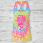 A sleeveless racerback tank top with a vibrant rainbow tie-dye spiral pattern and a large pink mermaid graphic printed on the front, shown against a plain white background.