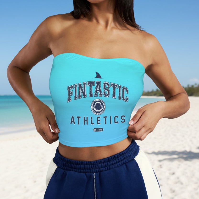 Person wearing a turquoise Strapless Tube Top with 'Fintastic Athletics' text on a plain background
