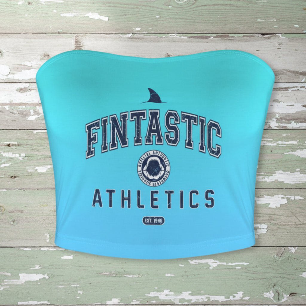 Turquoise strapless top with 'Fintastic Athletics' text on a white background