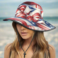 Wide brim American Flags Sun Hat on a bikini model Celebrating Independence Day on the beach in Pensacola Florida