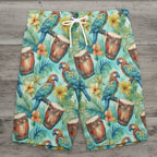 Colorful swim shorts with parrot and drum pattern on a rustic wood background