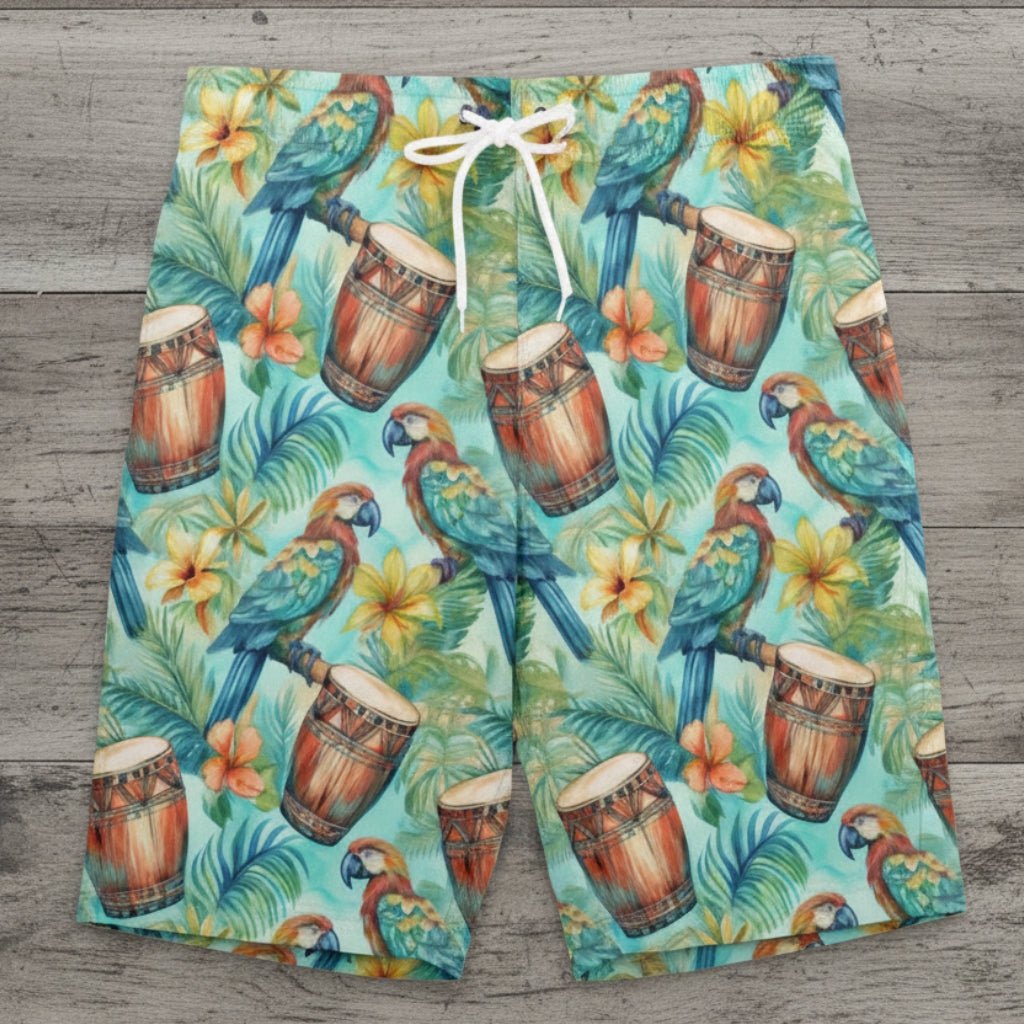 Colorful swim shorts with parrot and drum pattern on a rustic wood background