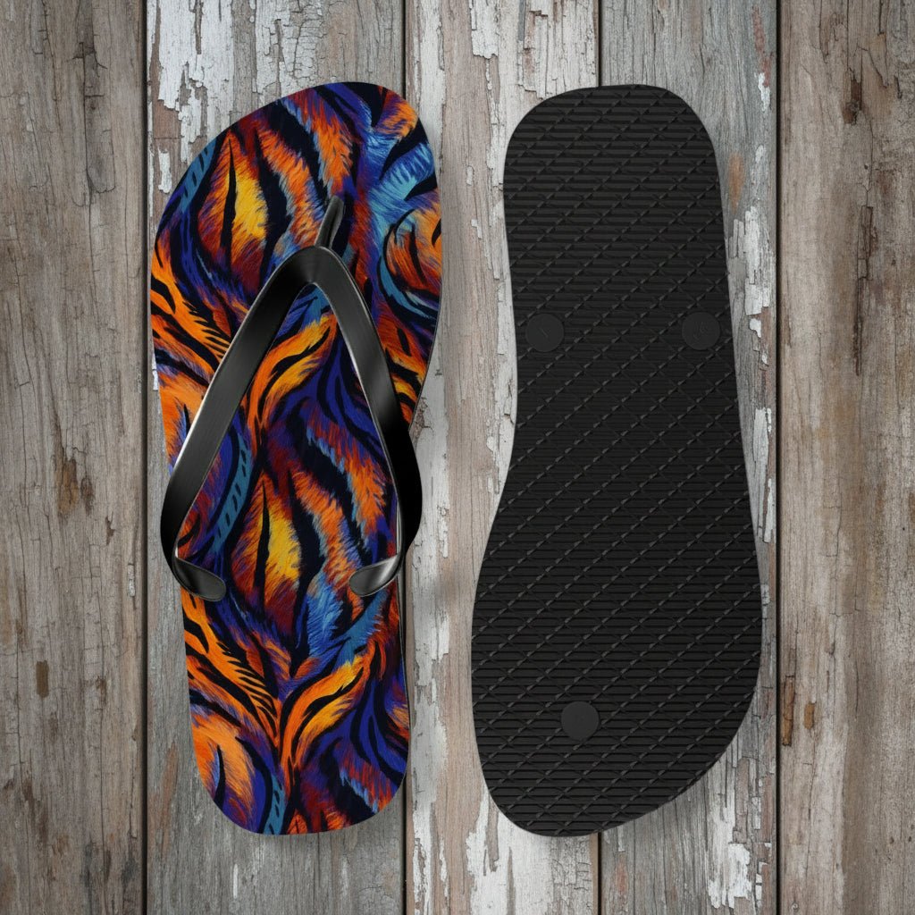Colorful zebra-patterned sandal and black insole on a wooden surface