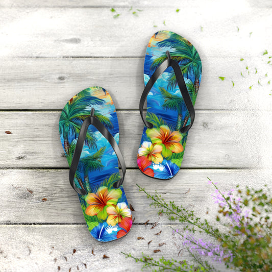 Flip-Flops With Tropical Island Scene | Beach Shoes Sandals