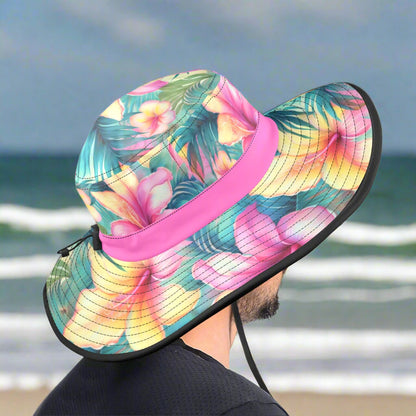 Colorful floral bucket hat with pink band on a dude getting ready to go surf fishing