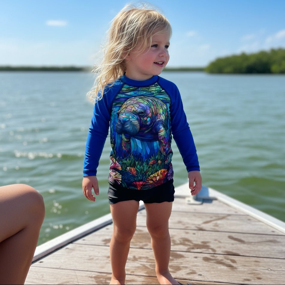 A young child wearing a long-sleeve swim shirt and black swim trunks stands on a wooden dock with water and trees in the background. The swim shirt has bright blue sleeves and a colorful Manatee graphic on the front.