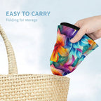 Colorful folded bucket hat being held above a woven bag with text 'Easy to carry' and 'Folding for storage'.
