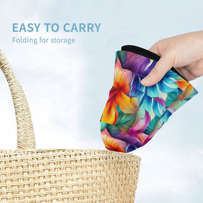 Colorful folded bucket hat being held above a woven bag with text 'Easy to carry' and 'Folding for storage'.