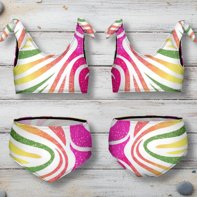 Cool 2 Piece Kids Bikinis with both front and back views with rustic nautical wood in the background.
