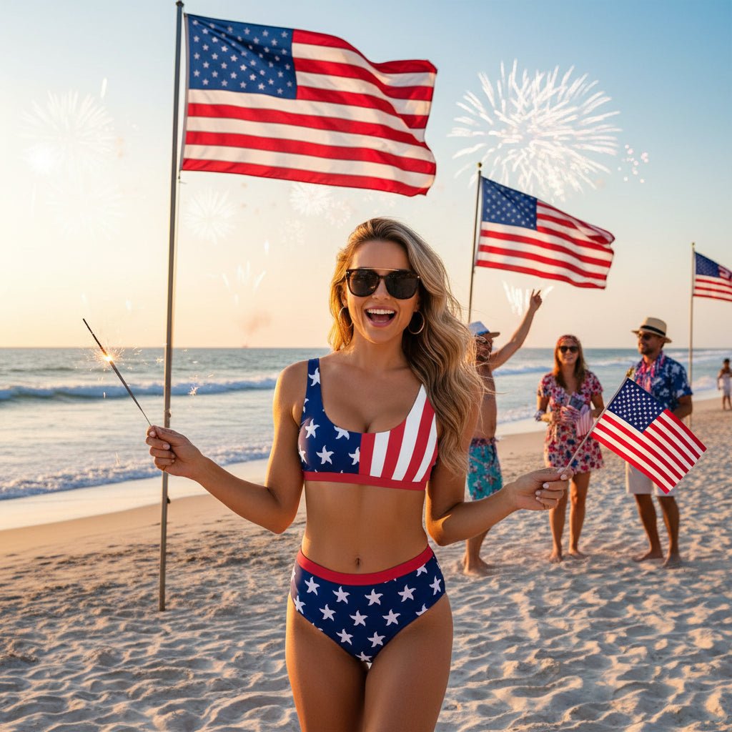 Woman wearing a bikini with American flag design on Pensacola Beach