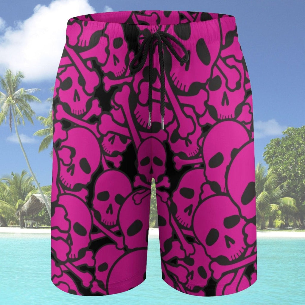 Pink and black skull-patterned shorts with a tropical background