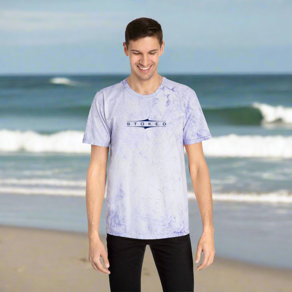 Dude wearing Garment Dyed T-Shirt | Stoked Surfer Vibe on the beach