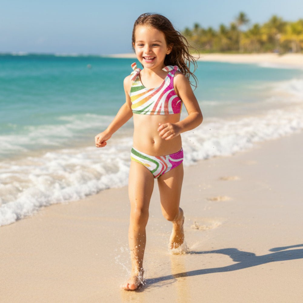 Girl wearing colorful striped bikini set running on a Hawaiian Island Beach
