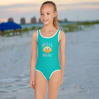 Girl's Turquoise One Piece Swimsuit with SHello Gwama' worn by child on Pensacola Beach