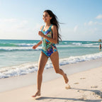 Woman wearing a colorful peacock feather swimsuit running along the shoreline in Miami Beach