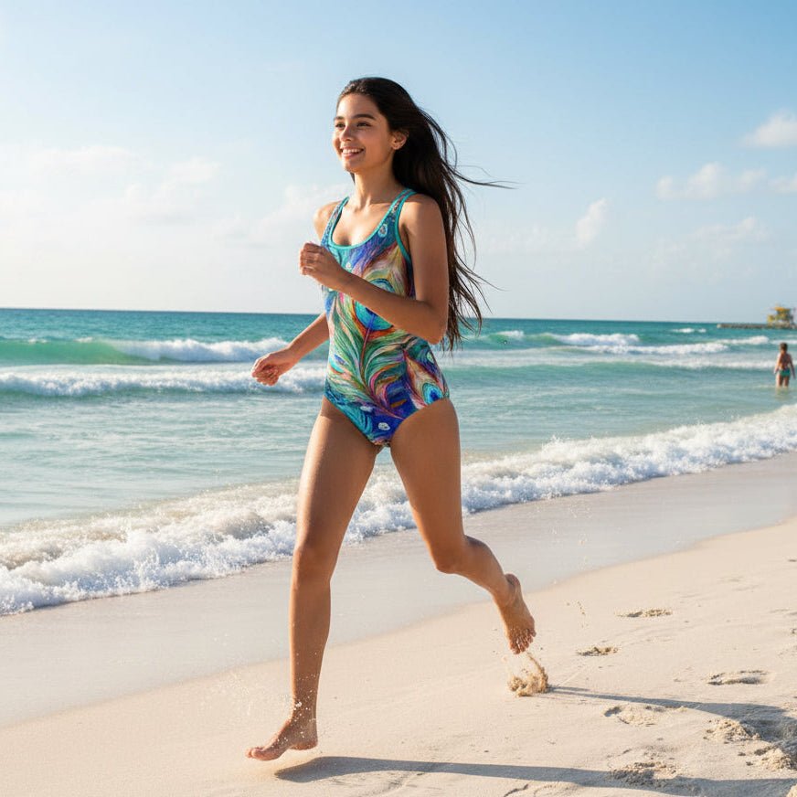 Woman wearing a colorful peacock feather swimsuit running along the shoreline in Miami Beach
