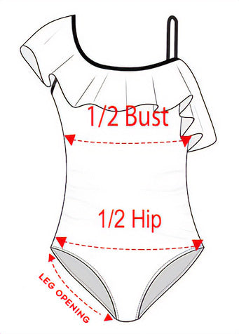 Measurement guide for a swimsuit with labeled bust, hip, and leg opening points.