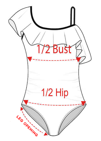 Measurement guide for a swimsuit with labeled bust, hip, and leg opening points.