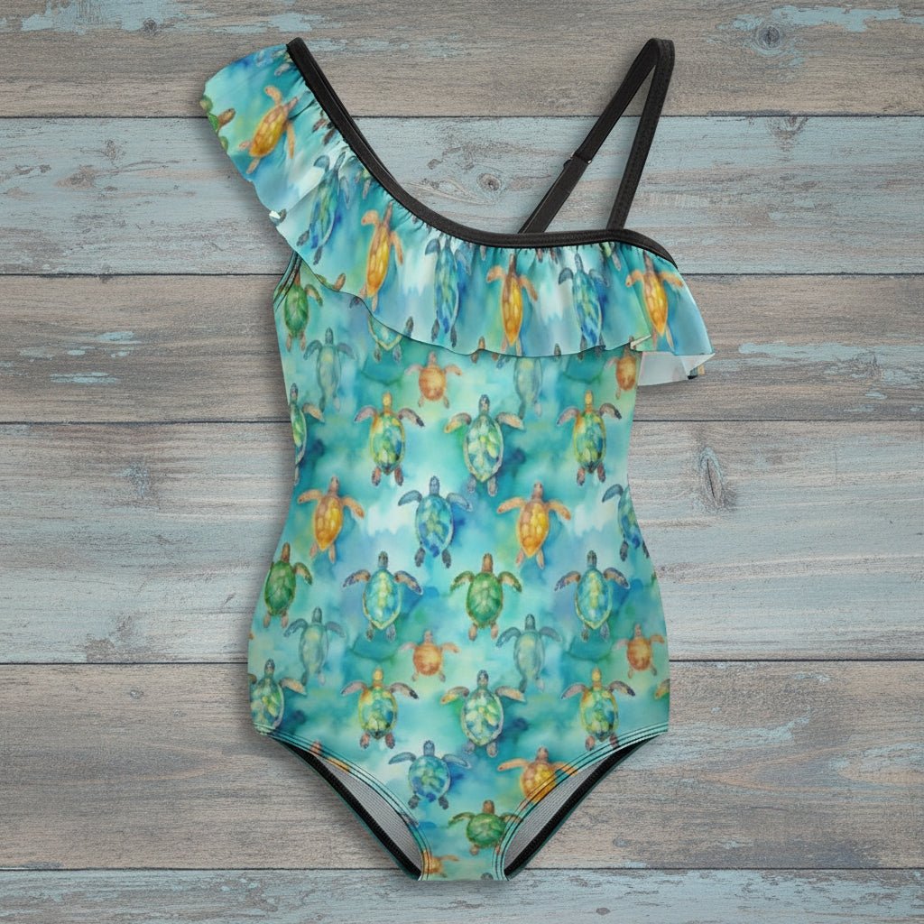One-piece swimsuit with turtle pattern on a rustic wood background