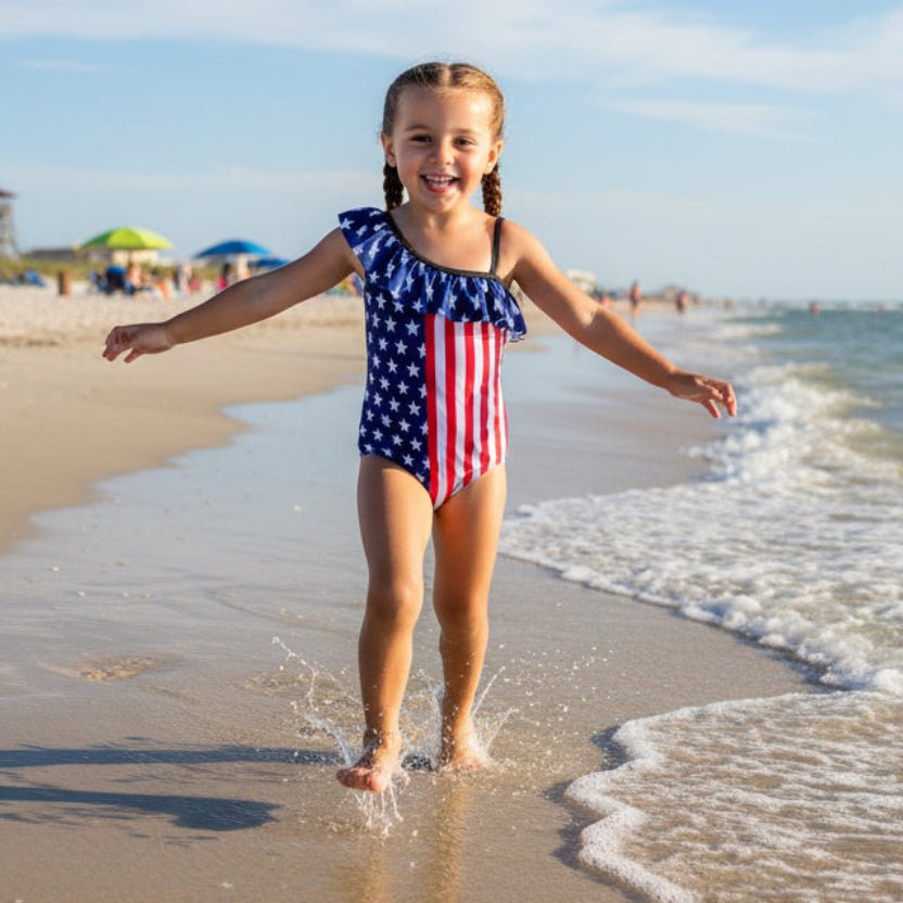 Little girl One-piece swimsuit with American flag design on a Daytona Beach