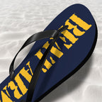 Flip-flop with yellow text on a textured white surface