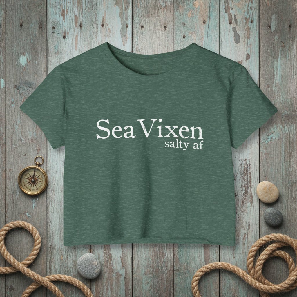 Green t-shirt with 'Sea Vixen salty af' text on a white background