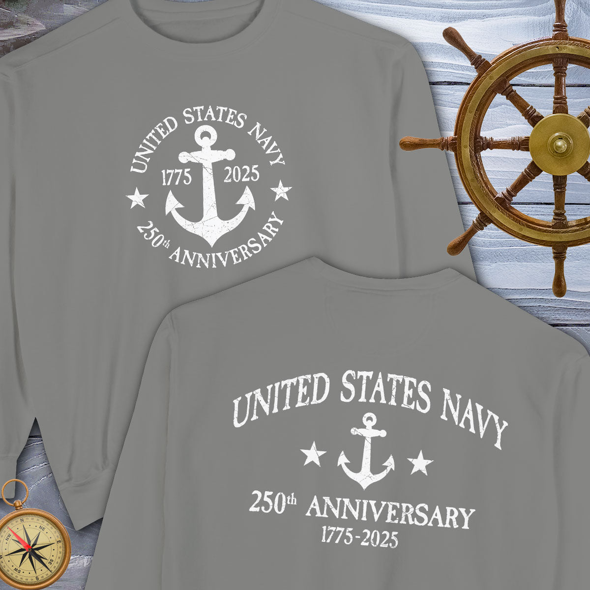 Gray t-shirt with 'United States Navy 250th Anniversary' design on a wooden background with a ship wheel and compass.