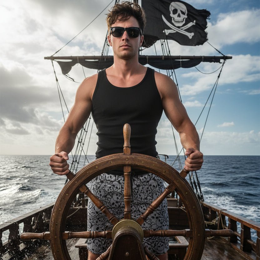 dude wearing Men's Classic Board Shorts with black skull pattern at the helm of a pirate ship with the Jolly Roger flying in the background