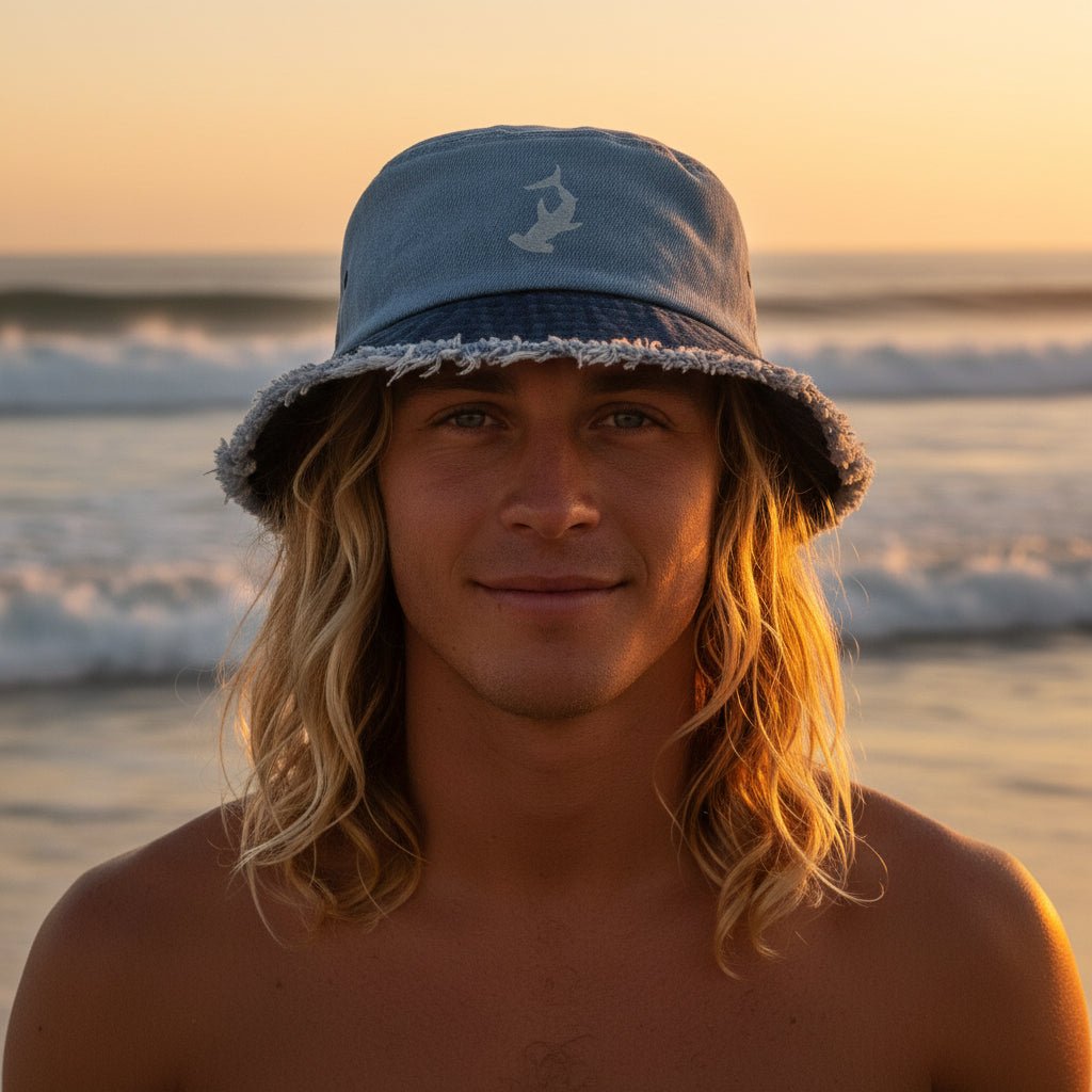 Surfer dude wearing blue bucket hat with a gray Hammerhead Shark embroidery on a California beach
