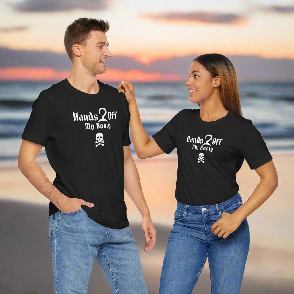 Couple wearing Hands Off My Booty Tees