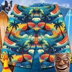 Men's Board Shorts with Hawaiian dream pattern print surrounded by surfboards and beachy icons including Tater the SurfDog.
