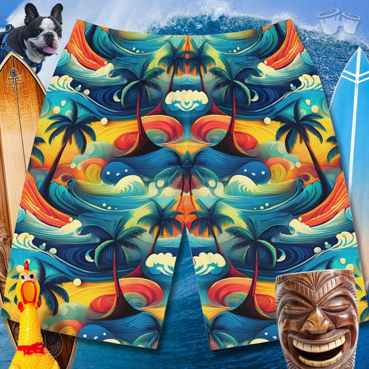 Men's Board Shorts with Hawaiian dream pattern print surrounded by surfboards and beachy icons including Tater the SurfDog.