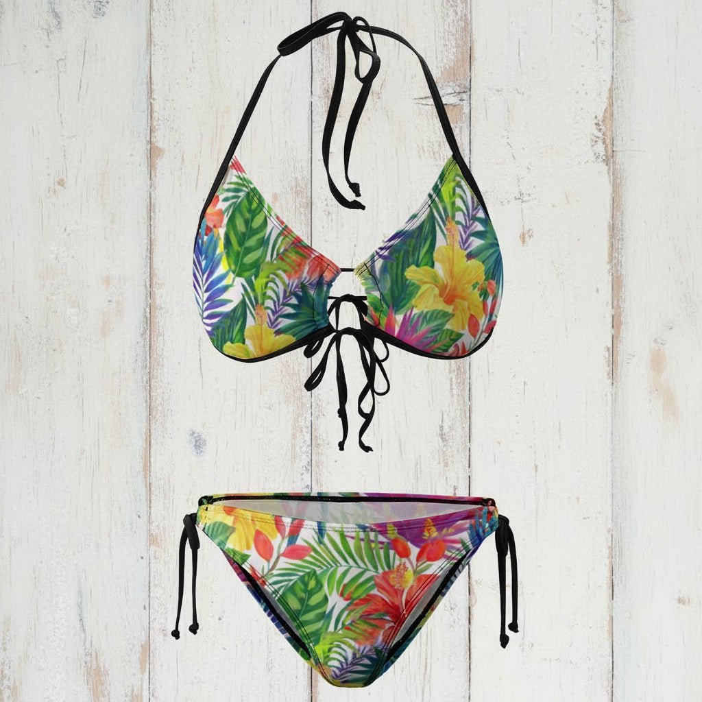 Colorful tropical print bikini set on a white background