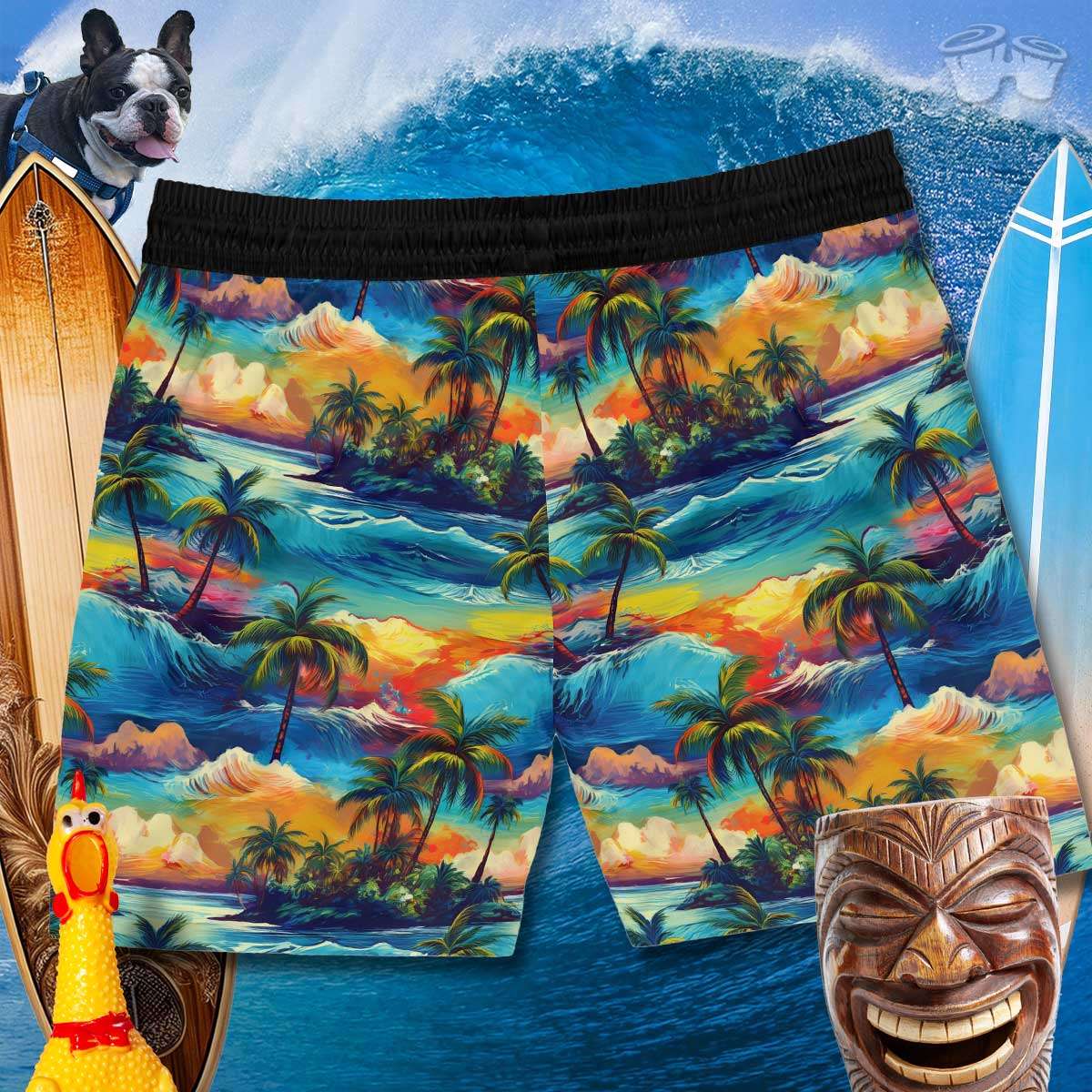 Back of Boardwalk shorts with cool Hawaiian Island pattern