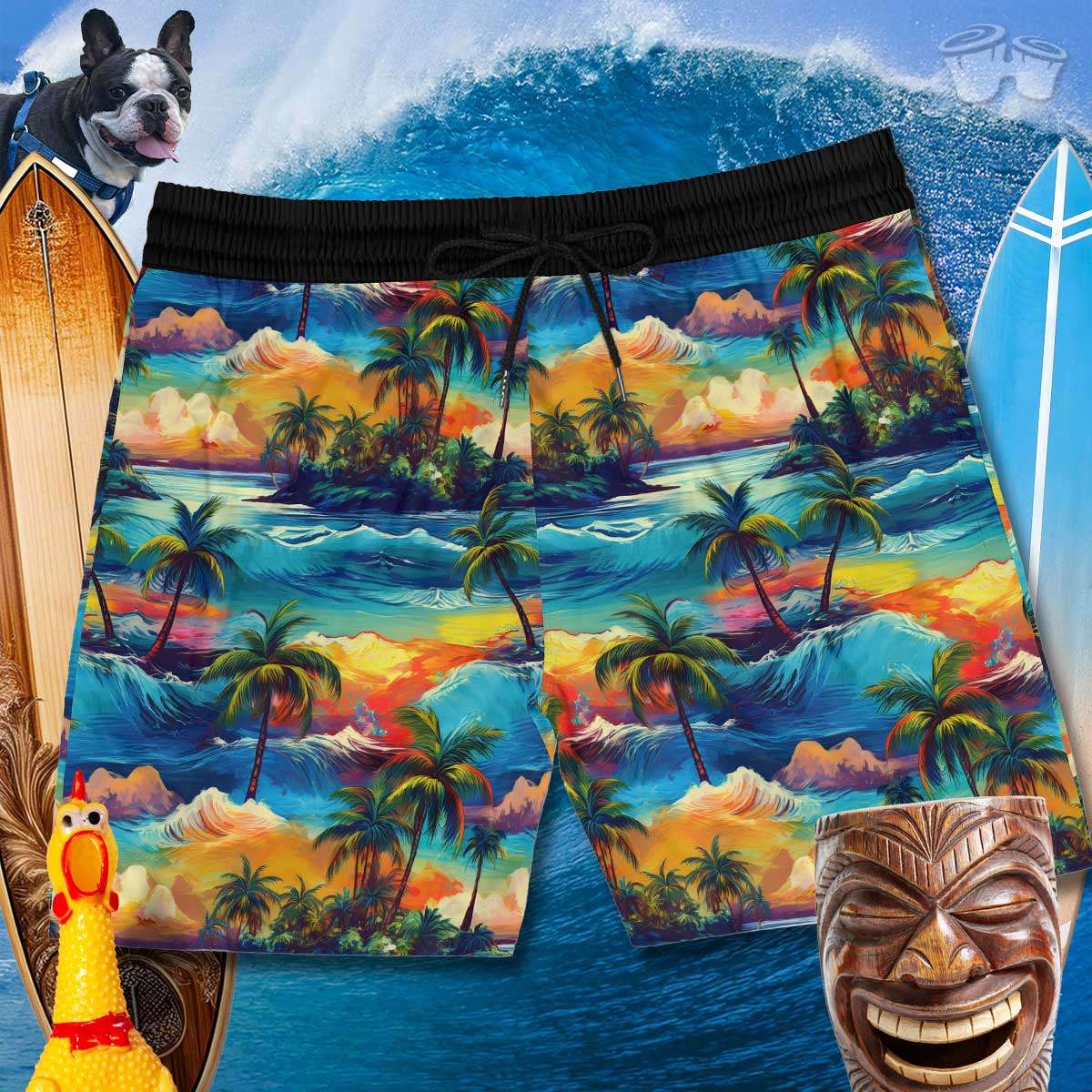 Boardwalk shorts with cool Hawaiian Island pattern and black drawstring