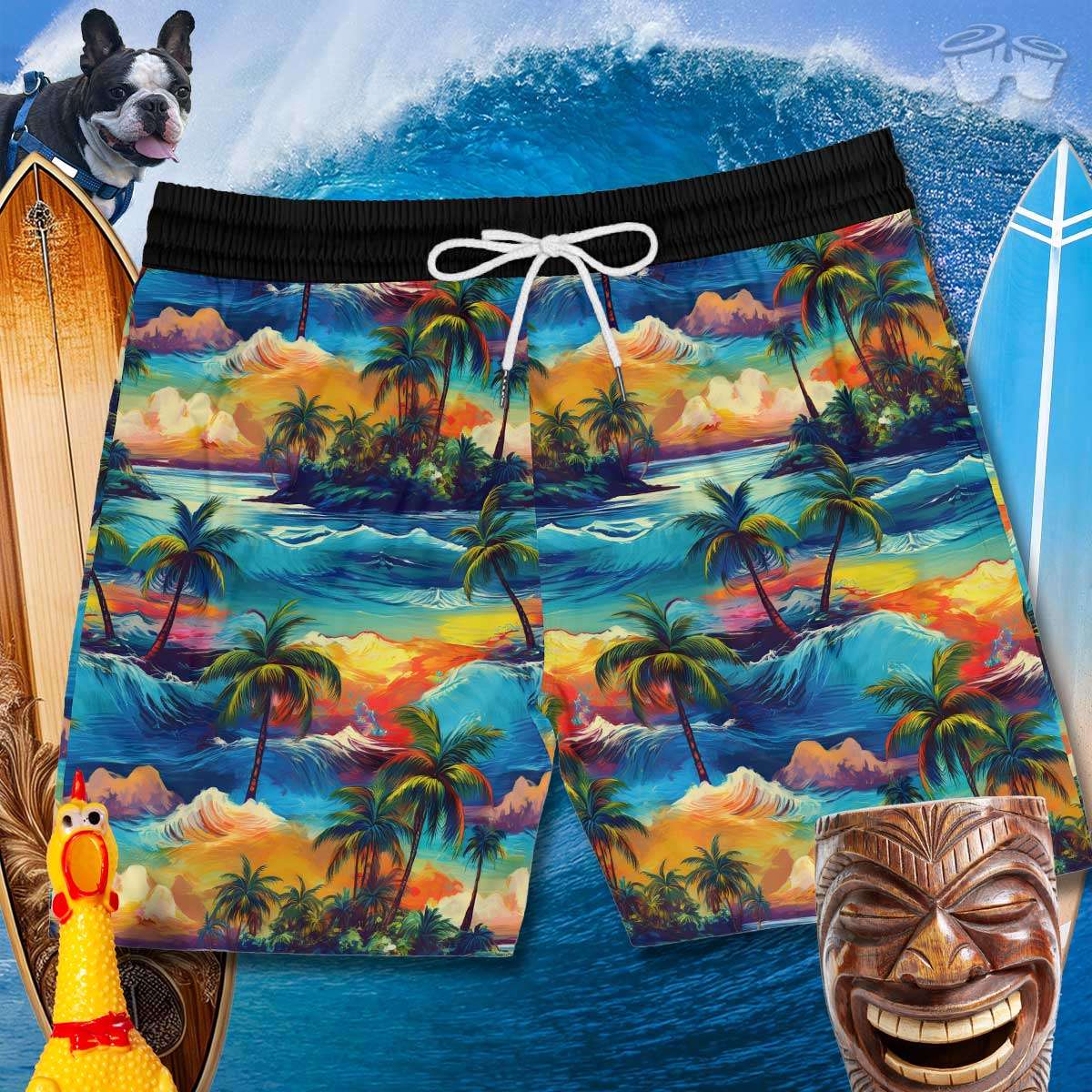 Boardwalk shorts with cool Hawaiian Island pattern and white drawstring