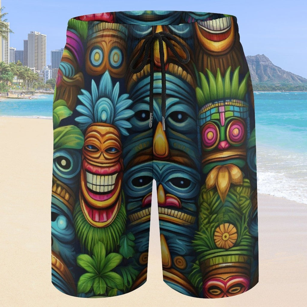 Colorful tiki mask design on a swimsuit with a beach and ocean background