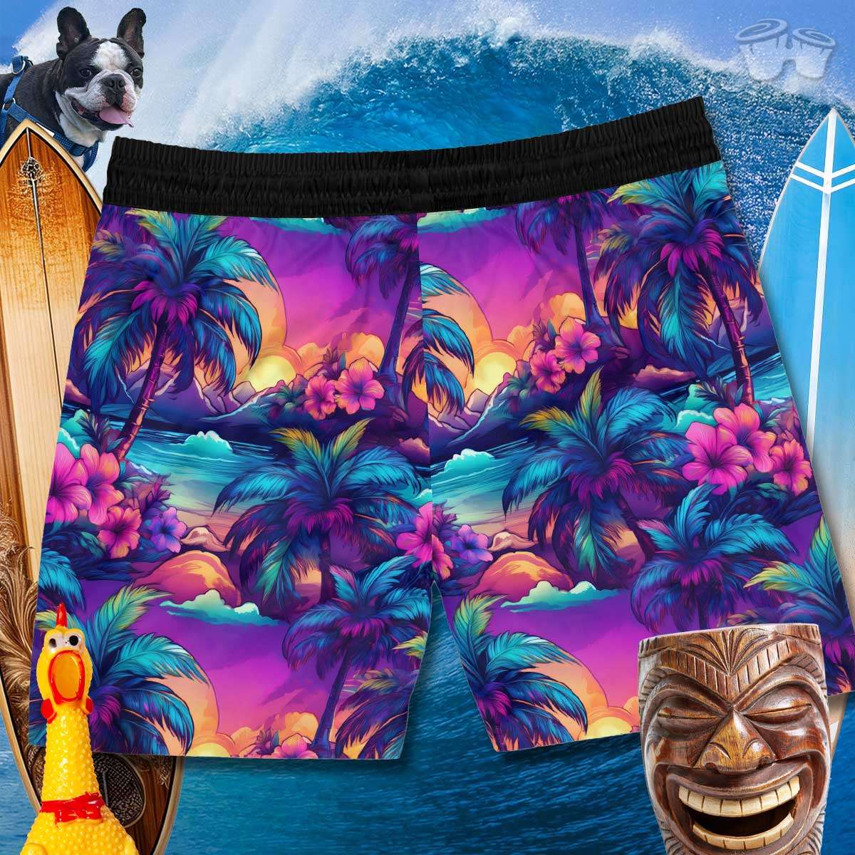  Back of Mens Hawaiian Luau swim shorts over a crashing wave along with a laughing tiki pole, one rubber chicken and Tater The SurfDog in the upper left hand corner. 