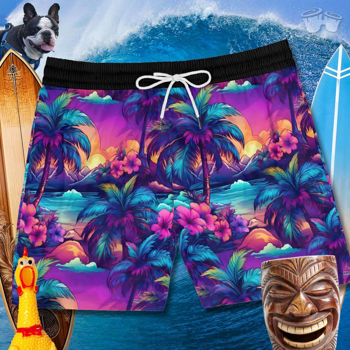 Hawaiian Luau Night Pattern on Men's Swim Trunks with surfboards, a laughing tiki pole, one rubber chicken and Tater The SurfDog in the upper left hand corner. 